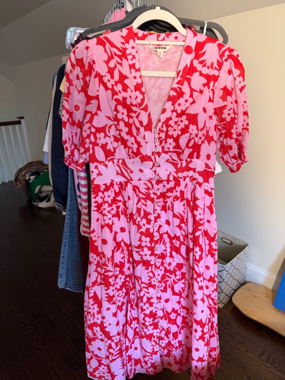 Boden Pink and Red Floral V-Neck Midi Dress
